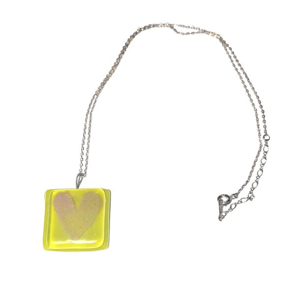 Green Fused Glass Heart Pendant & 18K White Gold-Plated Chain 17 inches - Picture 4 of 5